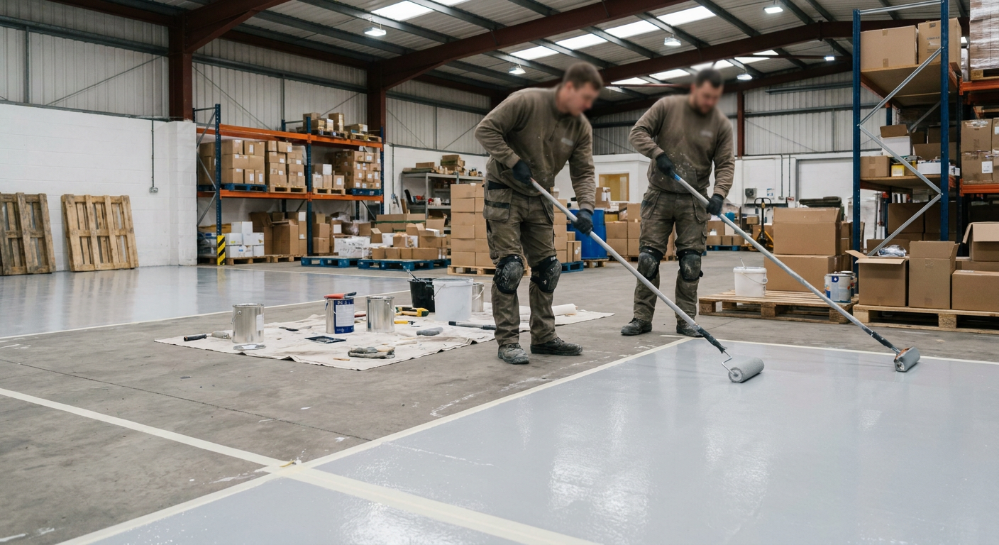 Two workers applying grey epoxy coating with rollers in a warehouse