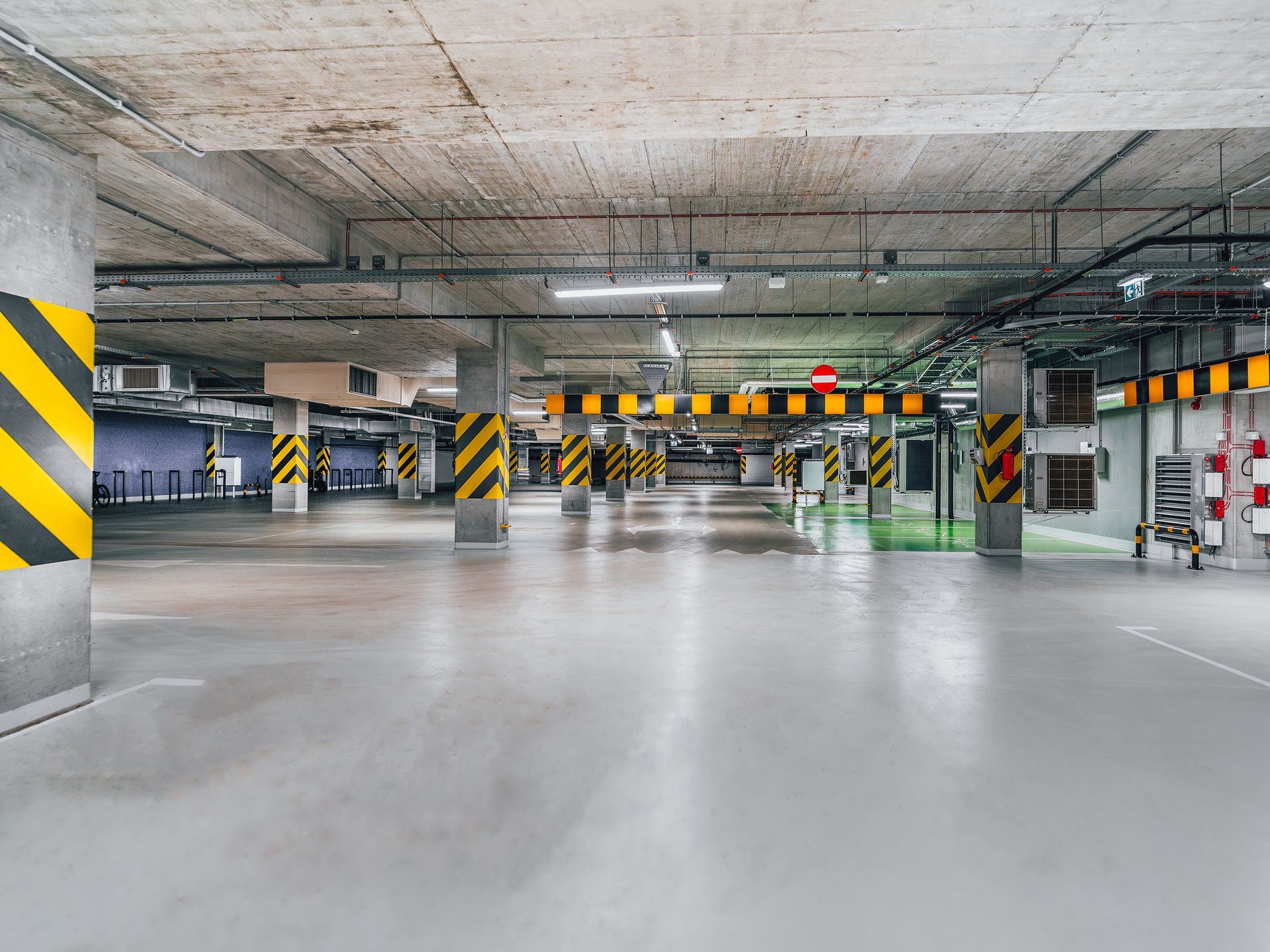Underground parking garage with safety markings