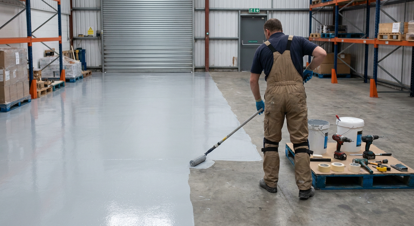 A worker in overalls applying epoxy coating with a roller in a warehouse