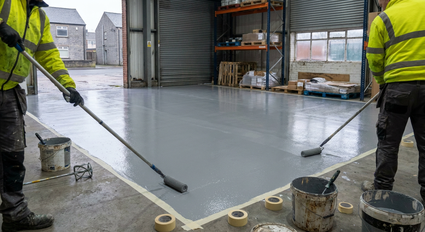 Two workers in hi-vis applying grey resin coating in a loading bay